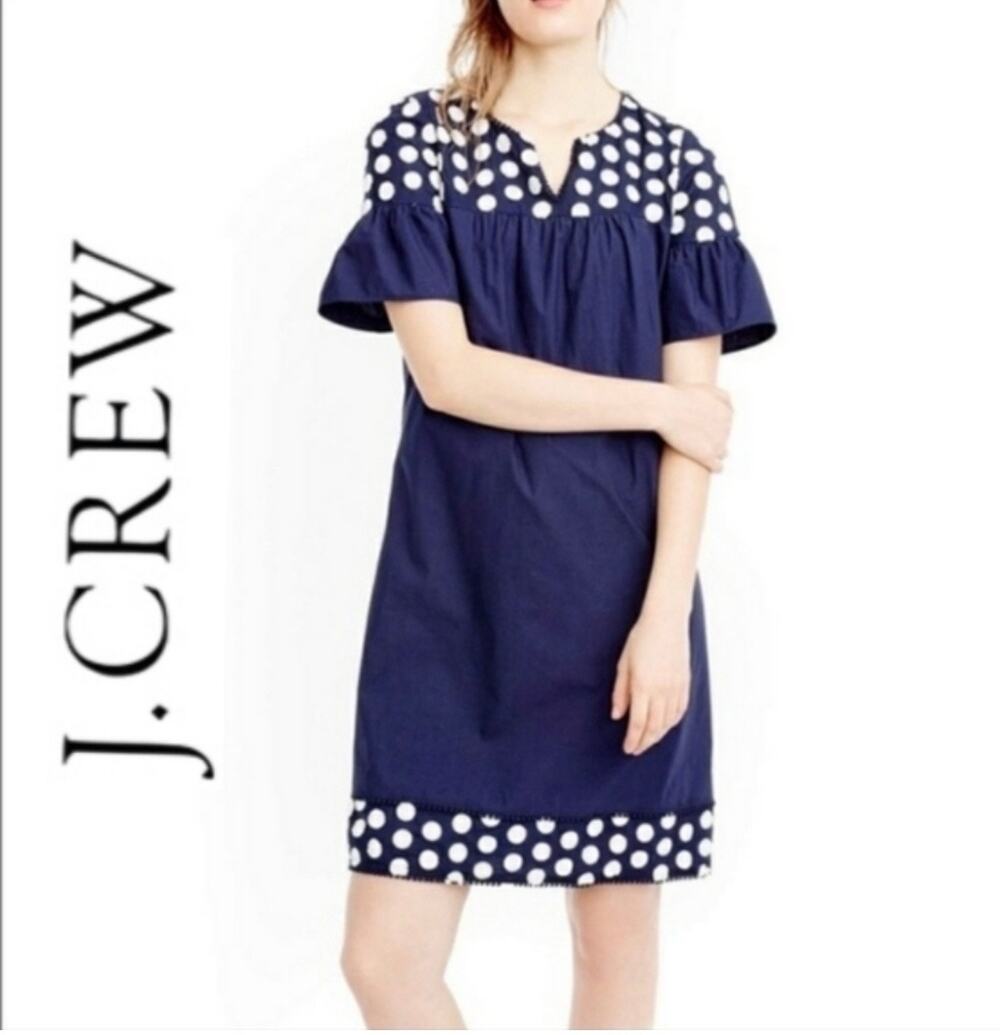 J.Crew Navy Fringe Dot Bell Sleeve 100% Cotton Preppy Summer Shift Dress Sz 0 XS